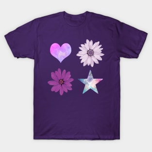 Purple flowers, love heart & Star T-Shirt